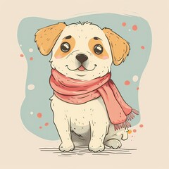 Dog with a scarf, simple flat line drawing clip art, simple line art illustration with two colors, clipart isolated on a pure solid color pastel cream background, simple doodle design for a kids