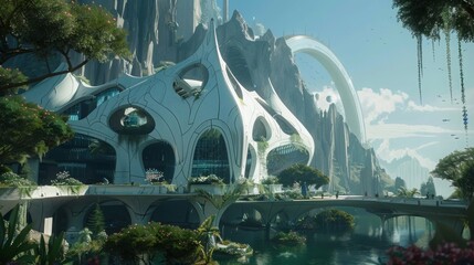 A stunning futuristic cityscape with modern, flowing architecture and lush greenery. Arched structures blend harmoniously with a mountainous backdrop under a clear blue sky.