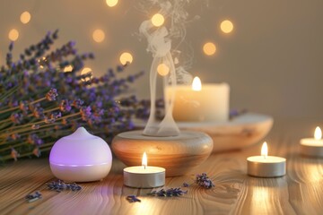 Aromatherapy Session with Essential Oil Diffusers, Lit Candles, and Fresh Lavender for a Serene Setting
