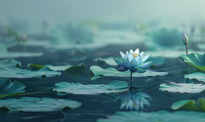 Blue lotus standing tall among soft green lily pads , Generate AI