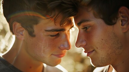Naklejka premium Embracing Love: Affectionate Gay Couple Sharing a Tender Moment Holding Hands and Gazing Lovingly into Each Other's Eyes
