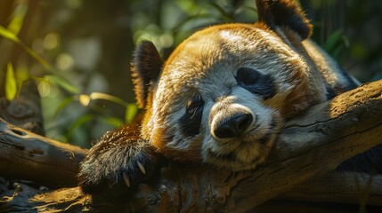 A sleepy panda with droopy eyes, resting on a branch, A peaceful panda sleeping on a tree branch in a serene forest setting, exuding tranquility and calmness.