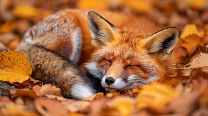 Dozy fox curled up in a ball, eyes half-closed, A red fox peacefully sleeping among colorful autumn leaves, capturing the essence of nature's tranquility and beauty.