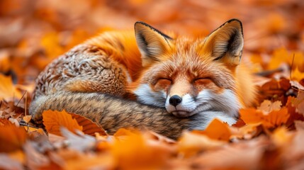 Fototapeta premium Dozy fox curled up in a ball, eyes half-closed, A red fox peacefully sleeping among colorful autumn leaves, capturing the essence of nature's tranquility and beauty.