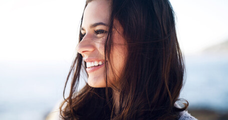 Outdoor, smile and face of woman, nature and relax of Gen z for break, travel and holiday in Cancun. Spring, person and girl in weekend, calm and confidence for tourism in vacation and stress relief