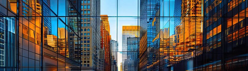 Obraz premium Skyscraper Reflections: Focus on skyscrapers reflecting in glass facades, creating a striking visual effect and showcasing the city's modern architecture