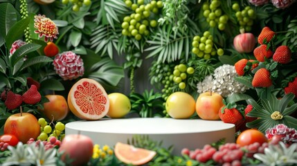 A colorful display of fruits and flowers, including apples, oranges, and roses