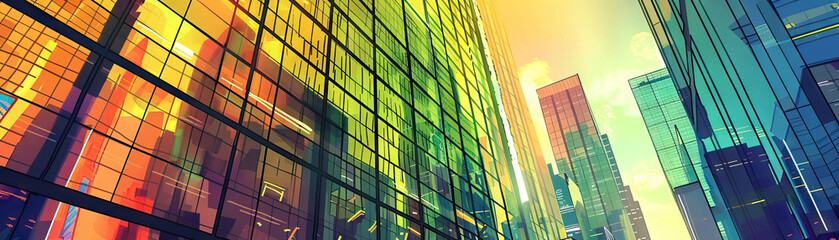 Skyscraper Reflections: Focus on skyscrapers reflecting in glass facades, creating a striking visual effect and showcasing the city's modern architecture