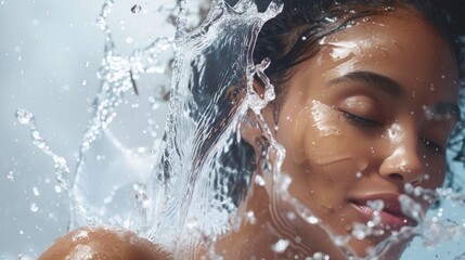 Fototapeta premium Dynamic Skincare Banner Featuring a Woman Splashing Water on Her Face - Vitality and Cleansing Concept