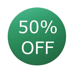 A round green sticker with white text announcing a 50% discount. Perfect for sales and promotions