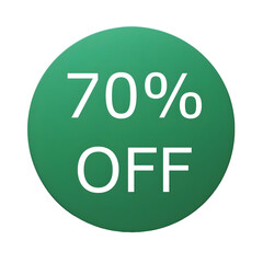 A round green sticker with white text announcing a 70% discount. Perfect for sales and promotions