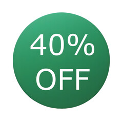 A round green sticker with white text announcing a 40% discount. Perfect for sales and promotions