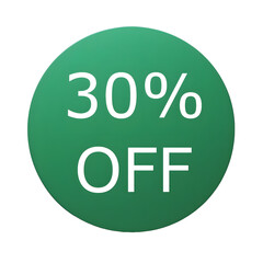 A round green sticker with white text announcing a 30% discount. Perfect for sales and promotions