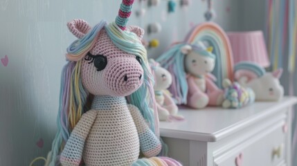unicorn made of crochet on dresser with white drawer in baby room generative ai