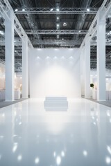  Empty exhibition stand in a large exhibition building with white interior