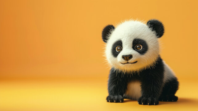 Cute panda baby isolated on light orange background with copy space on the side.