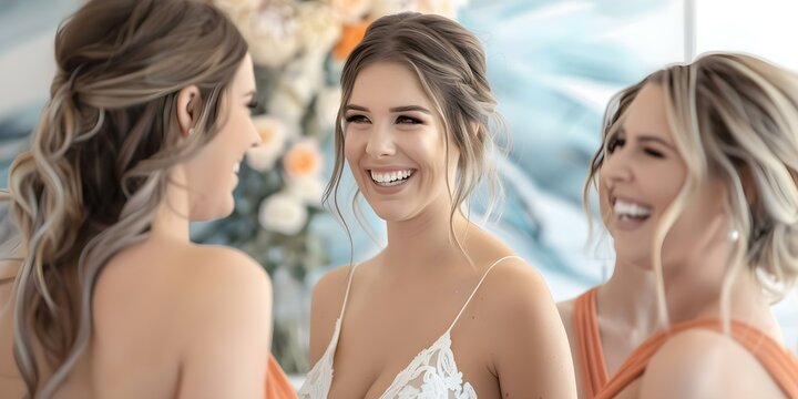 Bride and bridesmaids share joyful moments while getting ready for the wedding. Concept Wedding preparation, Bridal party, Joyful moments, Bride and bridesmaids, Wedding day prep