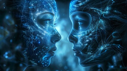 Two futuristic faces, one human and one digital, are illuminated with blue, glowing lines, representing a cyber interaction.