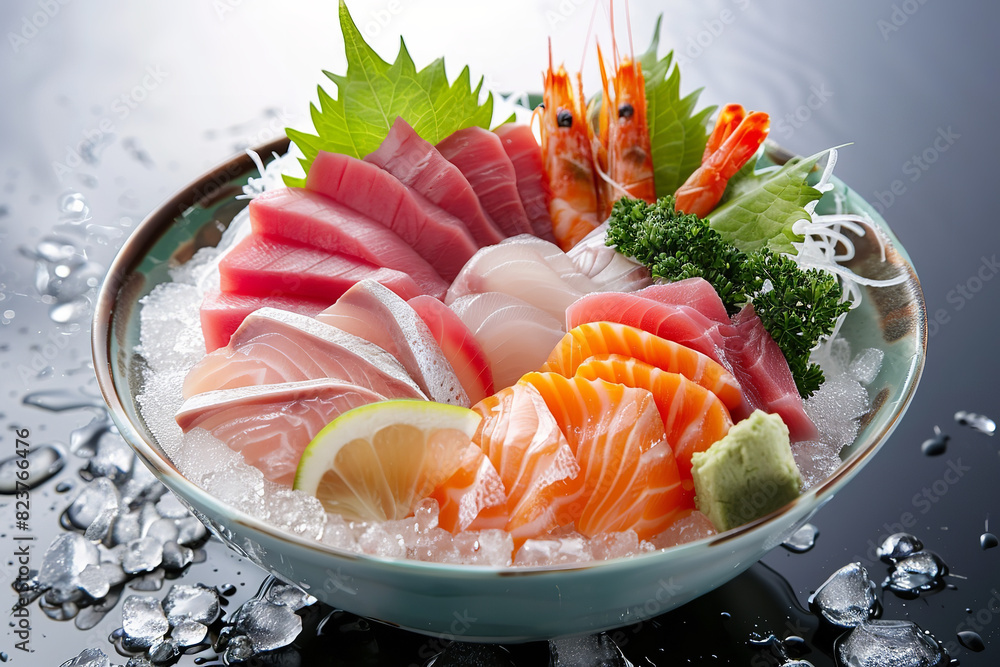 Sticker Fresh and Elegant Assorted Sashimi Platter on Icy Backdrop  