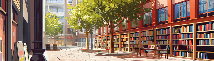 Library Square: Close-up of a library square with outdoor reading areas, bookshops, and literary events, showcasing the city's love for literature and learning