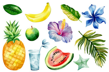 Exotic flowers. Palm leaves. Watercolor tropical fruits. Hand drawn summertime clipart. Summer elements.