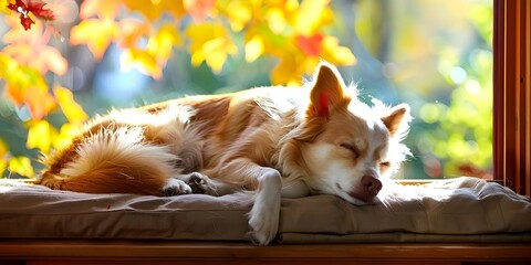 Cozy dog napping on a warm windowsill embracing Autumns hygge vibes. Concept Pets, Autumn, Cozy, Hygge, Home Decor