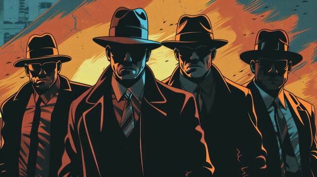 Cool looking gangster mafia group in retro comic style illustration.
