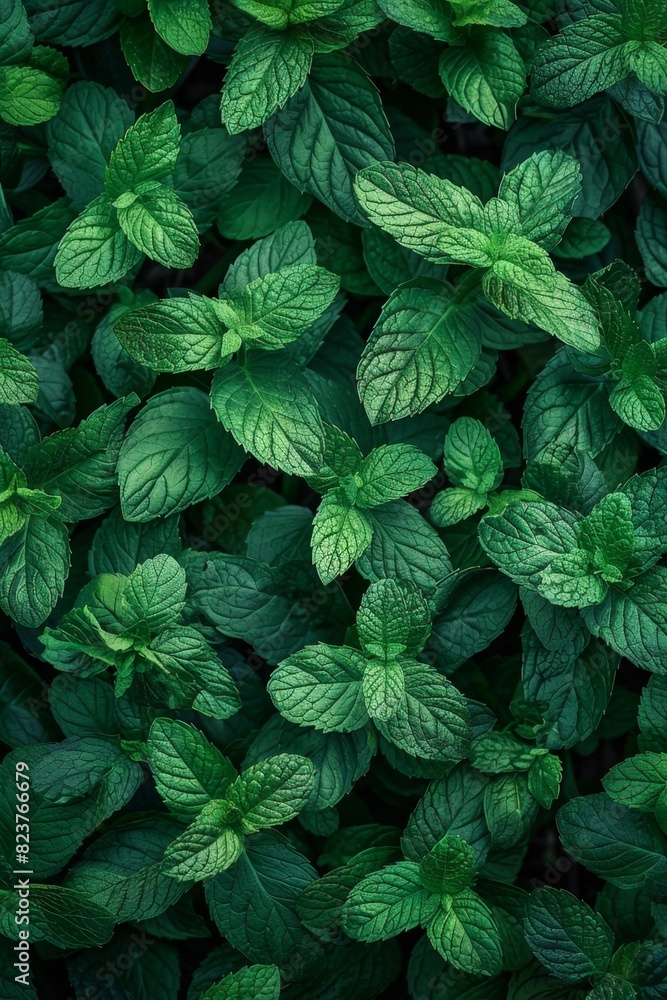 Wall mural many fresh peppermint leaves texture background, fragrant spices pattern, mentha piperita mockup