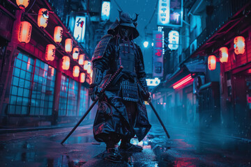 Cybernetic Samurai Warrior in neon cyberpunk street frenzy