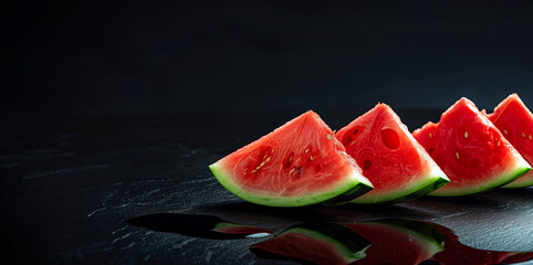 A close up of four slices of watermelon on a black background. The slices are cut in half. Concept of freshness and summertime. watermelon slices, on the horizon photos on a black background,