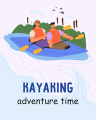Kayaking in nature, banner or poster design flat vector illustration. Banner or flyer with tourists floating in a kayak or canoe. Summer tourist's activity and watersports.