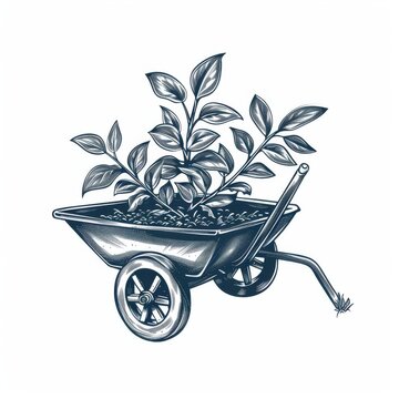 recommend clip art: Wheelbarrow logo, garden cart symbol, minimal gardening drawing, growing young sprouts, eco plant