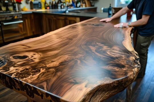 Craftsman applying finish to a uniquely designed wooden table in a well-equipped kitchen