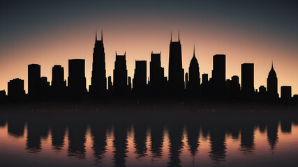 Obraz premium Sunset silhouette city and sea reflection, Generative AI