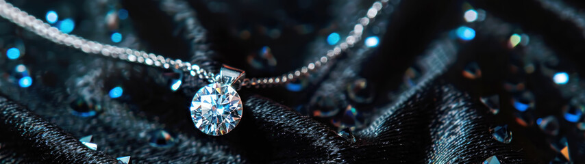 Fototapeta premium Sparkling diamond necklace on black velvet studio background