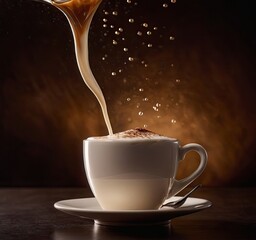 a white cup of coffee. Splash of coffee on dark background.