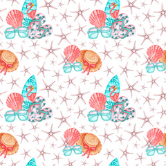 Sea voyage watercolor seamless pattern. Summer vacation. Beach holiday. Exotic, south. Shell, starfish, flip-flops, surfboard, straw hat, sunglasses. White background. For printing on fabric, textiles