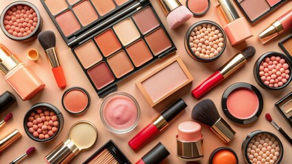 Pattern with cosmetics set with beige and nude colors on white background top view copyspace