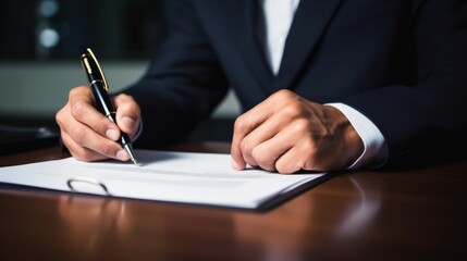 A close-up photo of a businessman's hand signing an important document, conveying a sense of authority and commitment.,