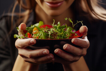 Studio shot of a woman enjoying a vibrant salad at home, promoting the enjoyment of nutritious meals as a key aspect of a balanced lifestyle.
