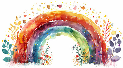  watercolor bohostyle elements including a rainbow, sun, and flowers, ideal for childfriendly designs