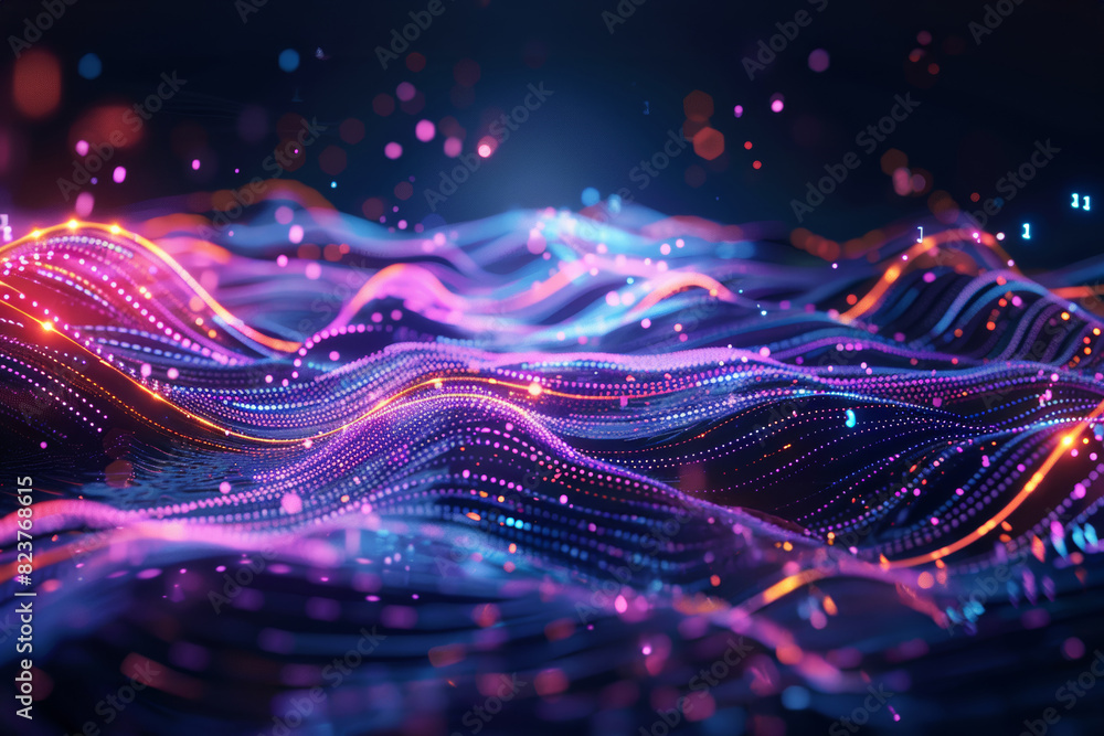 Poster neon digital multicolored particles grid, moving dots in cyberspace light waves for hi-tech brochure
