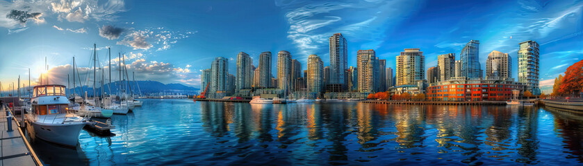 Fototapeta premium Waterfront Promenade: Focus on waterfront promenades, marinas, and boat docks, showcasing the city's connection to water and maritime culture