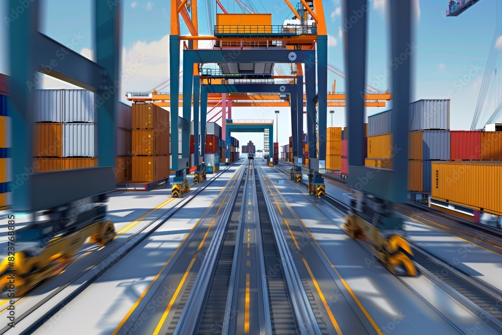 Poster automated container handling system at high-tech port - industrial shipping logistics