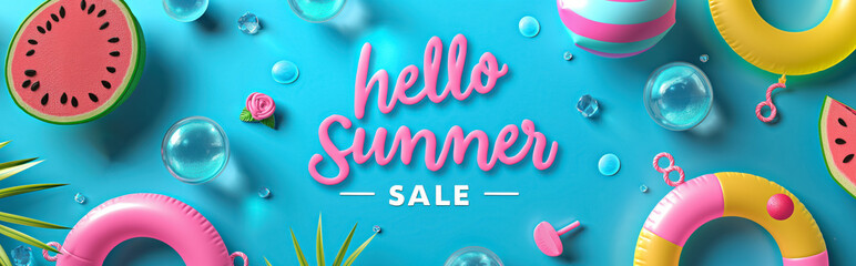 vibrant summer sale banner with hello summer text