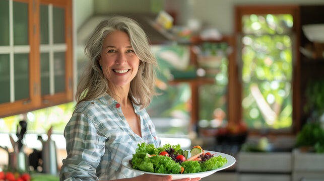 Portrait of a smiling woman holding a plate of fresh salad ingredients, symbolizing her dedication to maintaining a healthy and active lifestyle.