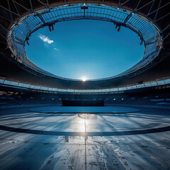 Obraz premium An empty platform as a mockup with a stadium in the background
