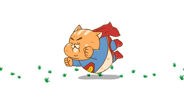 Animated Fat Cat in Superman Costume Flying - White Background