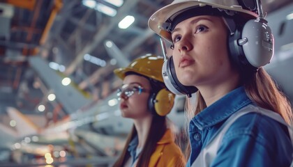 Two female industrial workers wearing hard hats and safety goggles looking at something thoughtfully.