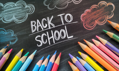  back to school written in chalk on blackboard with colored pencils
